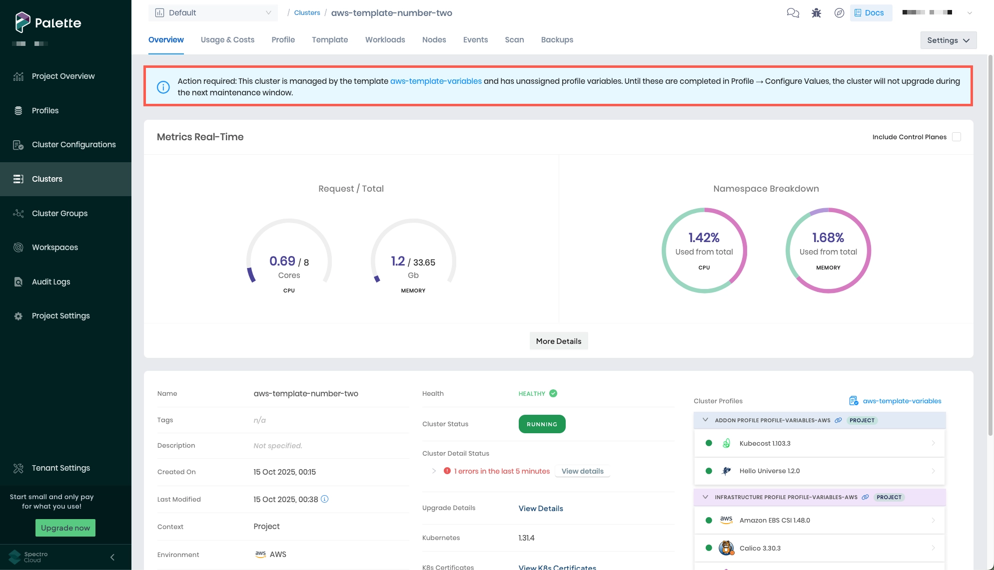 Action required banner when viewing a cluster with pending variables